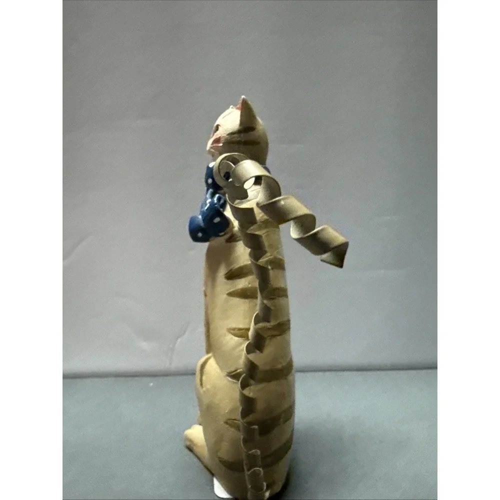 Folk Art Striped Tabby Cat Figurine 6 In Blue Bow Spring Metal Tail